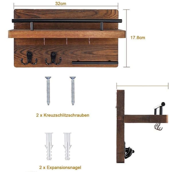 Vægmonteret nøgleholder i træ med opbevaringsbakke – 7-krogs design, perfekt til entre, gang, soveværelse og kontor
