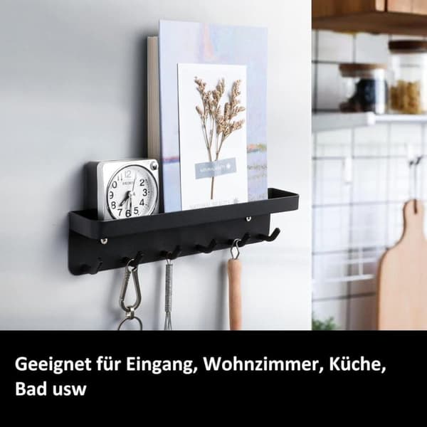 Selvklæbende nøgleophæng/væghylder i rustfrit stål, 6 kroge design med opbevaringsbakke