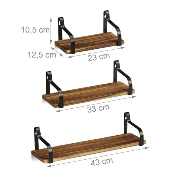 Relaxdays Vägghängande Hylla Set med 3 Rustik Trä Metall Modern Förvaringsdekor, 23, 33 & 43 cm, Nature