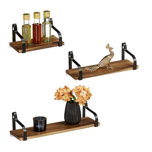 Relaxdays Vägghängande Hylla Set med 3 Rustik Trä Metall Modern Förvaringsdekor, 23, 33 & 43 cm, Nature