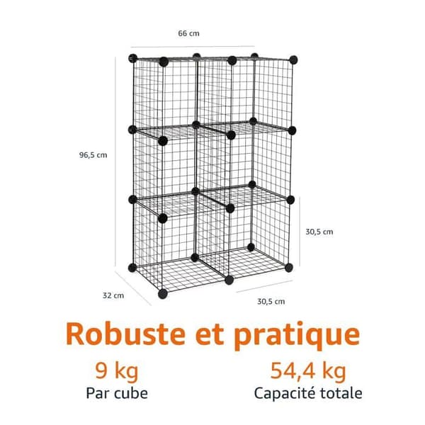 Grunder - cube-12-6B - 6 stapelbara förvaringshyllor i metallnät, 66 x 32 x 96.5 cm, svart