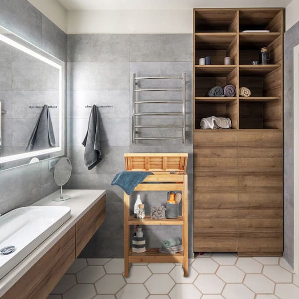 Relaxdays Bamboo Badrumshylla, 3-våningshylla, med lock, öppen, HLP 76,5 x 46 x 29,5 cm, Natural