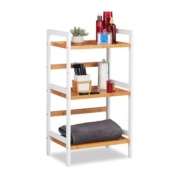 Relaxdays badhylla, hyllor för kosmetik och tillbehör, bambuhylla, olika storlekar, vit/natur.
