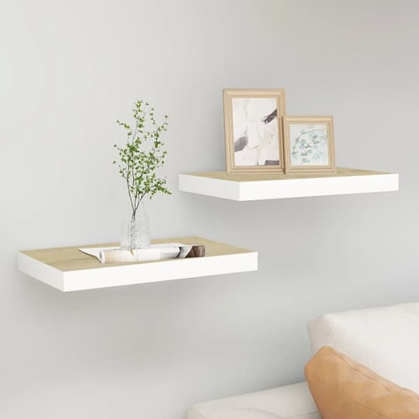 Svävande vägghyllor 2 st ek och vit 40x23x3,8 cm MDF