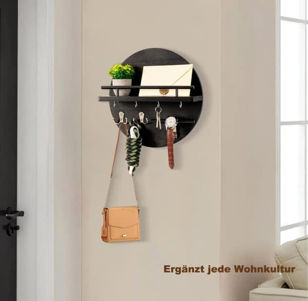 Lollanda Rund Træ Nøgleholder med Opbevaringsbakke og Kroge Design, Perfekt til Entre, Gang, Soveværelse og Kontor
