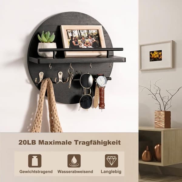 Lollanda Rund Træ Nøgleholder med Opbevaringsbakke og Kroge Design, Perfekt til Entre, Gang, Soveværelse og Kontor