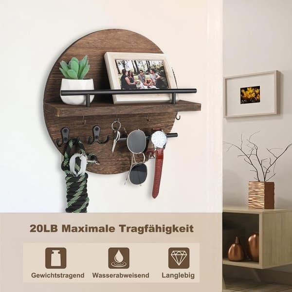 Lollanda Rund Træ Nøgleholder med Opbevaringsbakke og Kroge Design, Perfekt til Entre, Gang, Soveværelse og Kontor
