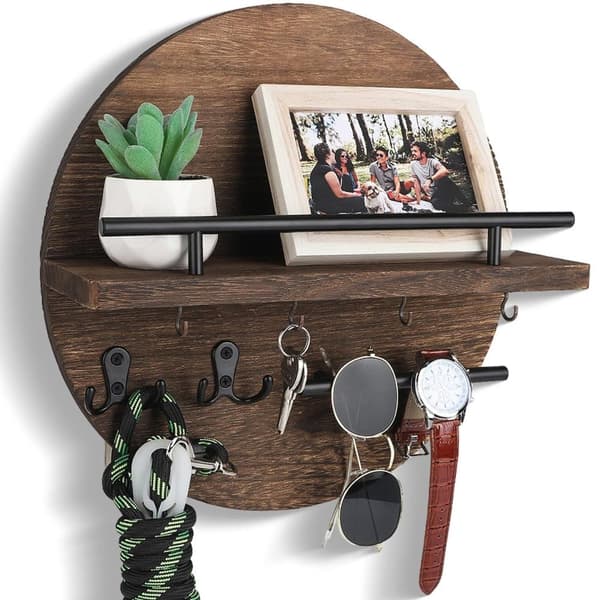 Lollanda Rund Træ Nøgleholder med Opbevaringsbakke og Kroge Design, Perfekt til Entre, Gang, Soveværelse og Kontor