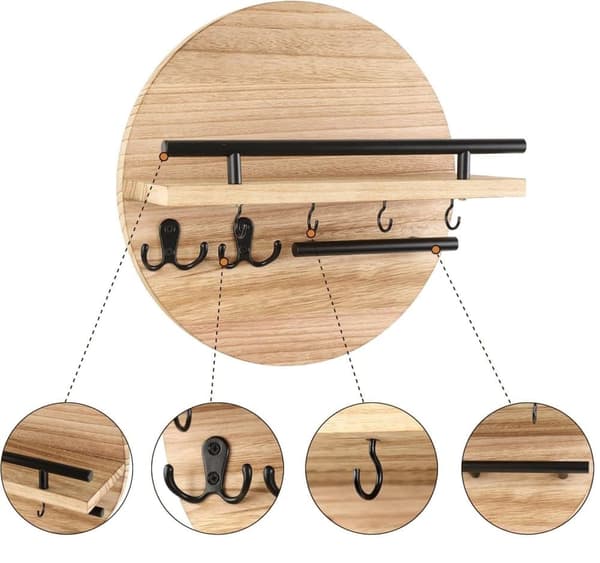 Lollanda Rund Træ Nøgleholder med Opbevaringsbakke og Kroge Design, Perfekt til Entre, Gang, Soveværelse og Kontor