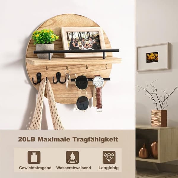 Lollanda Rund Træ Nøgleholder med Opbevaringsbakke og Kroge Design, Perfekt til Entre, Gang, Soveværelse og Kontor