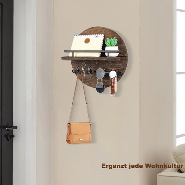 Moorle vægmonteret nøgleholder i træ med opbevaringsbakke og kroge, perfekt til entre, gang, soveværelse og kontor
