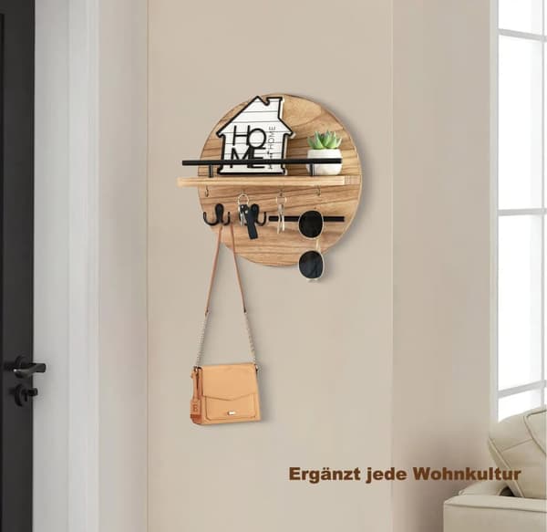 Moorle vægmonteret nøgleholder i træ med opbevaringsbakke og kroge, perfekt til entre, gang, soveværelse og kontor