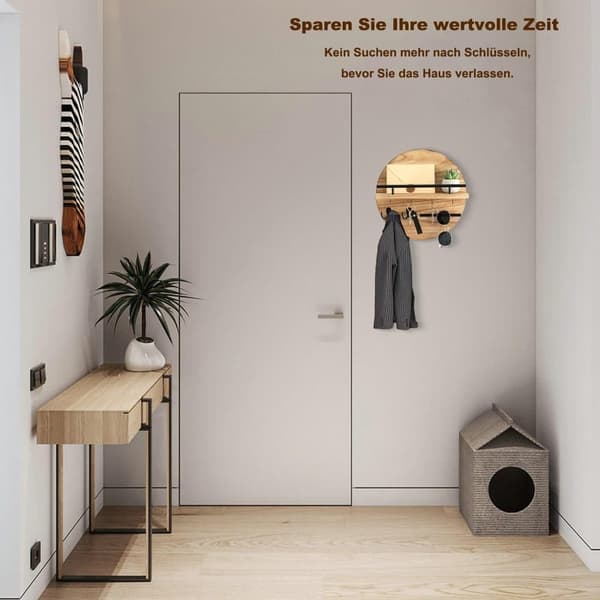 Moorle vægmonteret nøgleholder i træ med opbevaringsbakke og kroge, perfekt til entre, gang, soveværelse og kontor