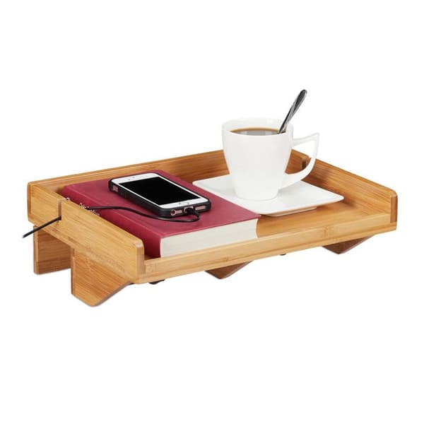 Relaxdays Sängbricka, nattduksbord, klämskiva, bambu, kompakt, kabelutrymme, lP 32,5x 27 cm, nature