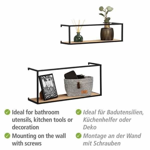 WENKO GEO vägghylla | Set med 2 designerhyllor | Tillverkad av furu och stål | L: 55 och 50 cm