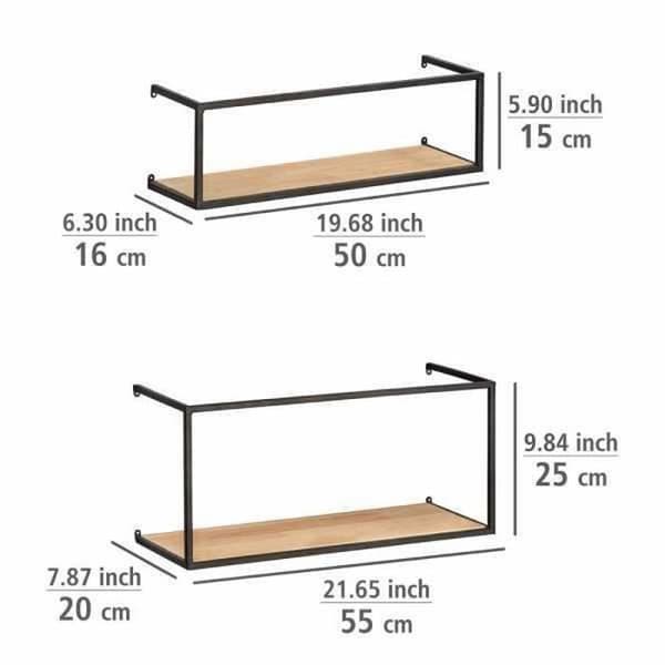 WENKO GEO vägghylla | Set med 2 designerhyllor | Tillverkad av furu och stål | L: 55 och 50 cm