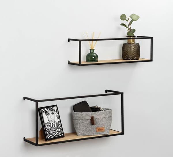 WENKO GEO vägghylla | Set med 2 designerhyllor | Tillverkad av furu och stål | L: 55 och 50 cm