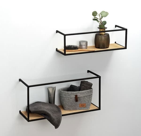 WENKO GEO vägghylla | Set med 2 designerhyllor | Tillverkad av furu och stål | L: 55 och 50 cm