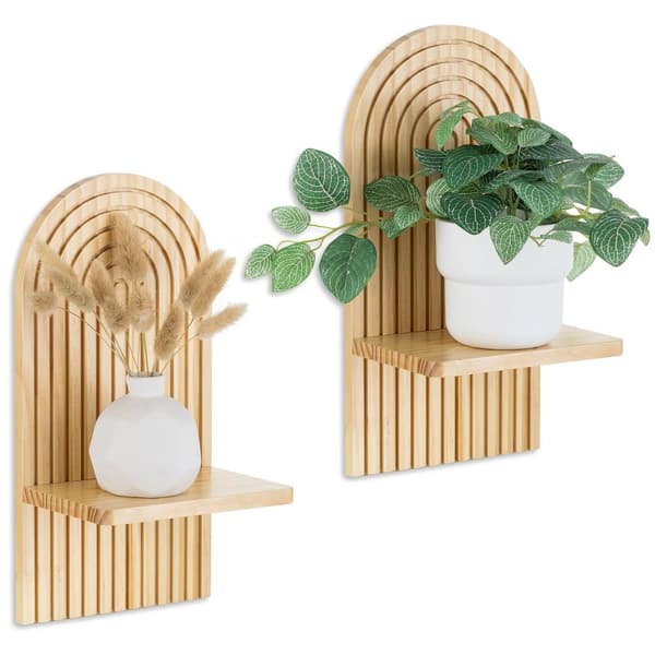 Lollanda 2-pack vägghyllor i bohemisk stil – trähyllor med expanderbultar, passar vardagsrum, sovrum  och kök Brun