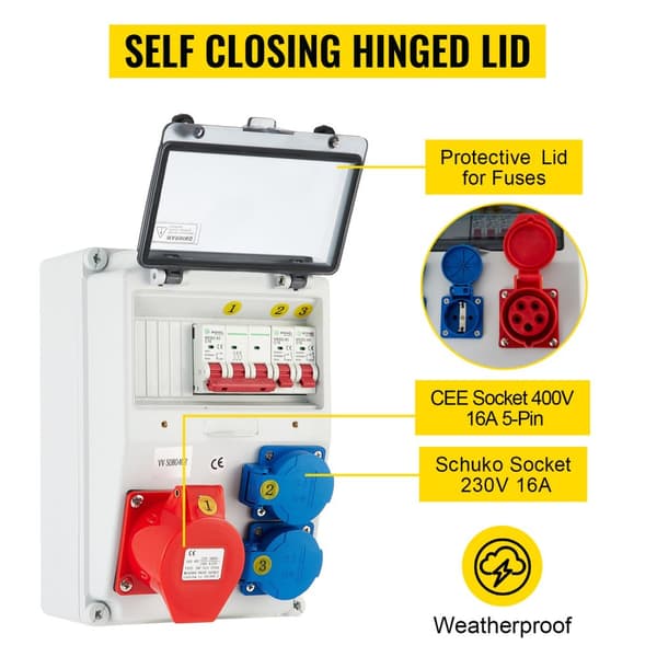 16A 230V/400V väggströmfördelare med 2st Schuko-uttag och 1st CEE-uttag, säker att använda, lätt att installera, bred applikation
