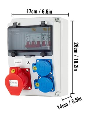 16A 230V/400V väggströmfördelare med 2st Schuko-uttag och 1st CEE-uttag, säker att använda, lätt att installera, bred applikation
