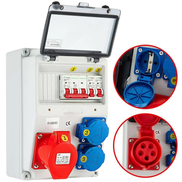 16A 230V/400V väggströmfördelare med 2st Schuko-uttag och 1st CEE-uttag, säker att använda, lätt att installera, bred applikation