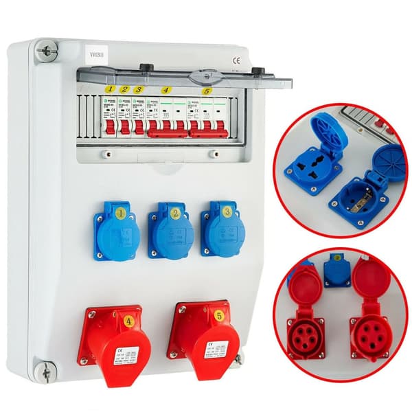 16A/32A 230V/400V väggströmfördelare med 3st Schuko-uttag och 2st CEE-uttag, säker att använda, lätt att installera, bred applikation