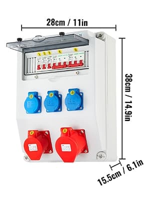 16A 230V/400V väggströmfördelare med 3st Schuko-uttag och 2st CEE-uttag, säker att använda, lätt att installera, bred applikation
