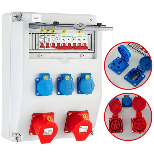 16A 230V/400V väggströmfördelare med 3st Schuko-uttag och 2st CEE-uttag, säker att använda, lätt att installera, bred applikation