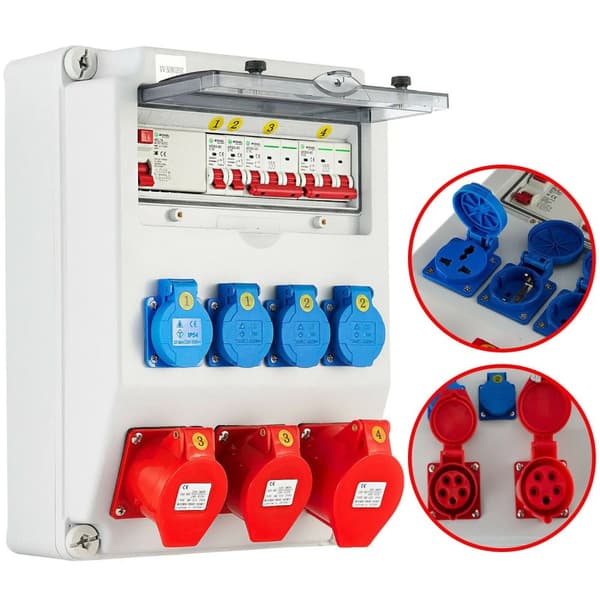 16A/32A 230V/400V väggströmfördelare med 4st Schuko-uttag och 3st CEE-uttag, säker att använda, lätt att installera, bred applikation