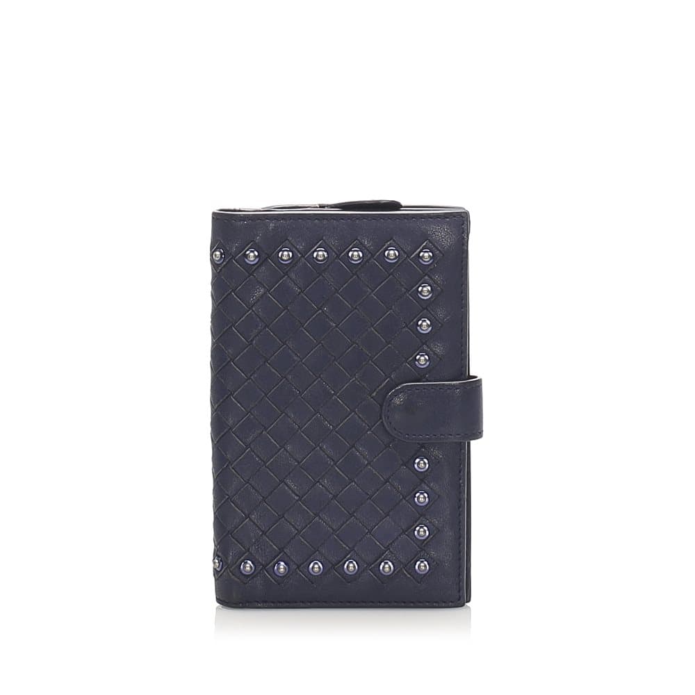 Pre-owned Bottega Veneta Studded Intrecciato Leather Wallet Blue