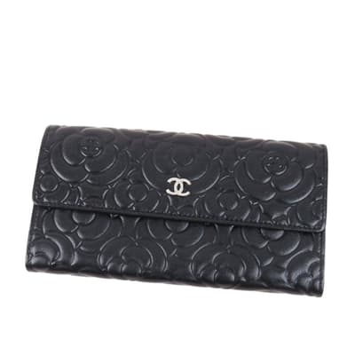 Pre-owned Chanel Camellia Leather Long Wallet Black