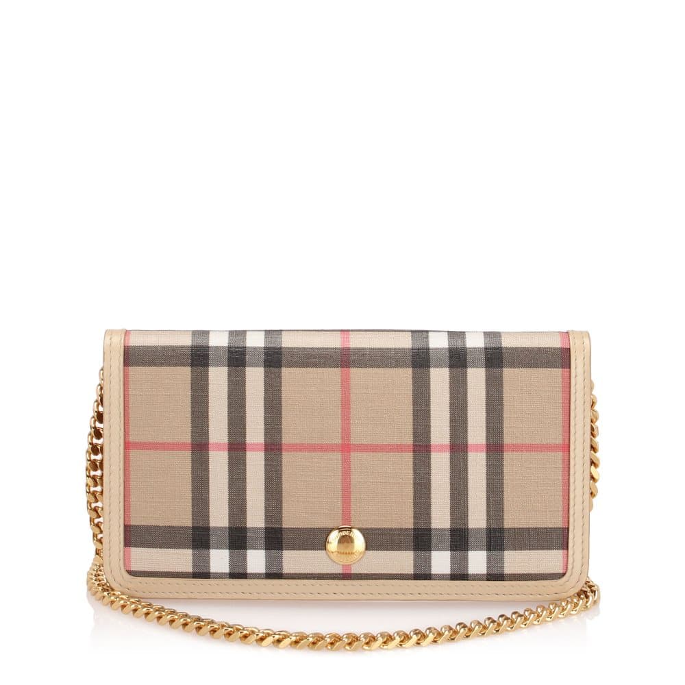 Burberry House Check Coated Canvas Wallet On Chain Brown