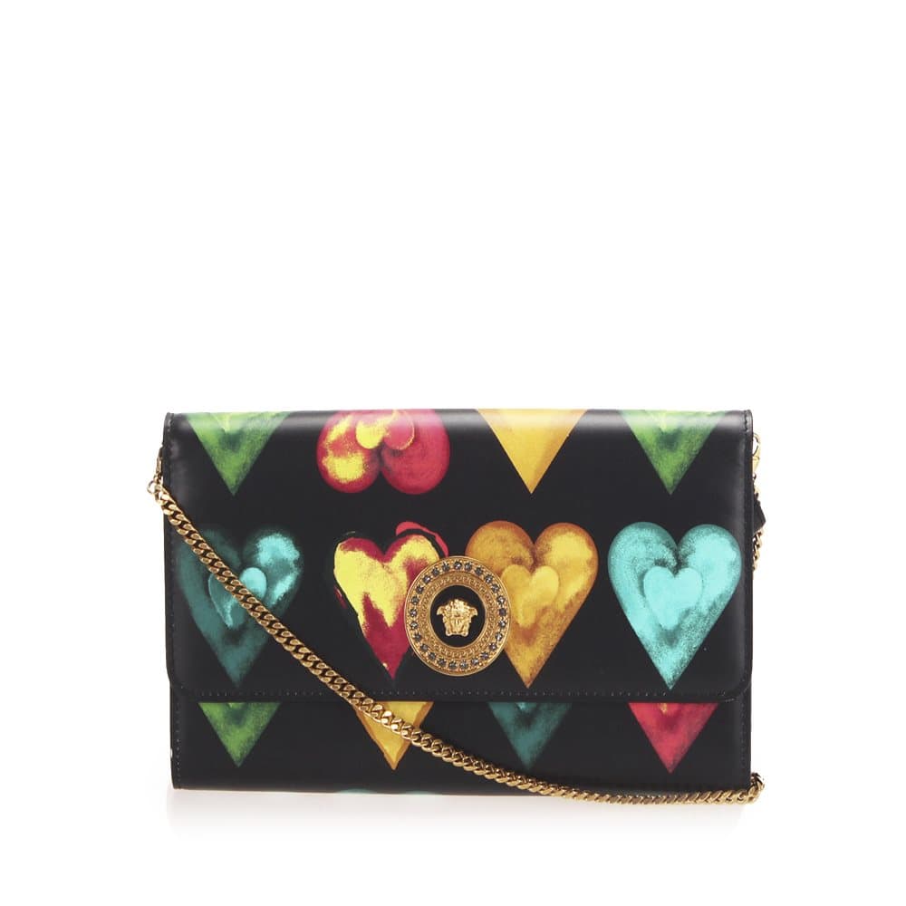 Versace Printed Medusa Leather Wallet on Chain Black
