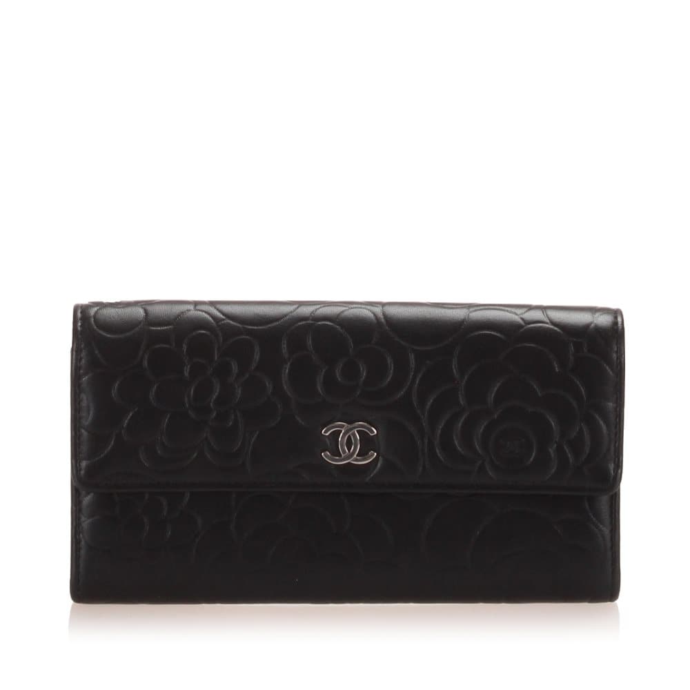 Chanel Camellia Leather Long Wallet Black