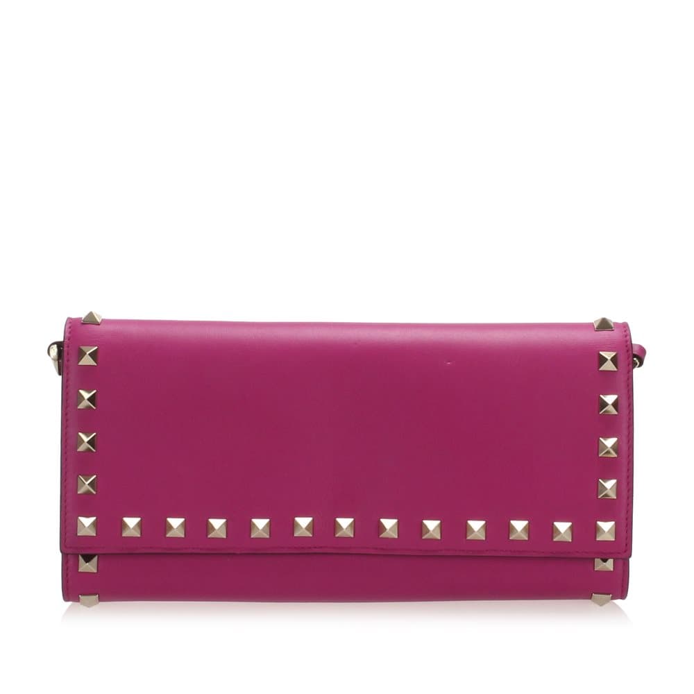 Pre-owned Valentino Rockstud Leather Wallet on Strap Pink