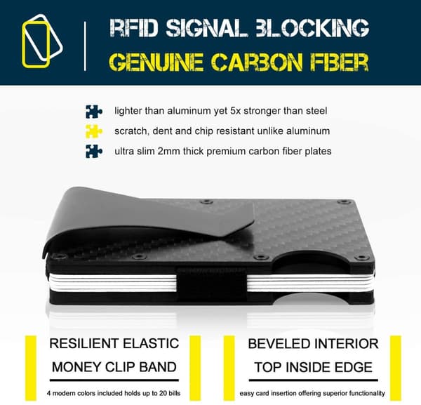 Carbon Fiber korthållare RFID Svart | kolfiberplånbok med avtagbar sedelklämma - Julklappa Present