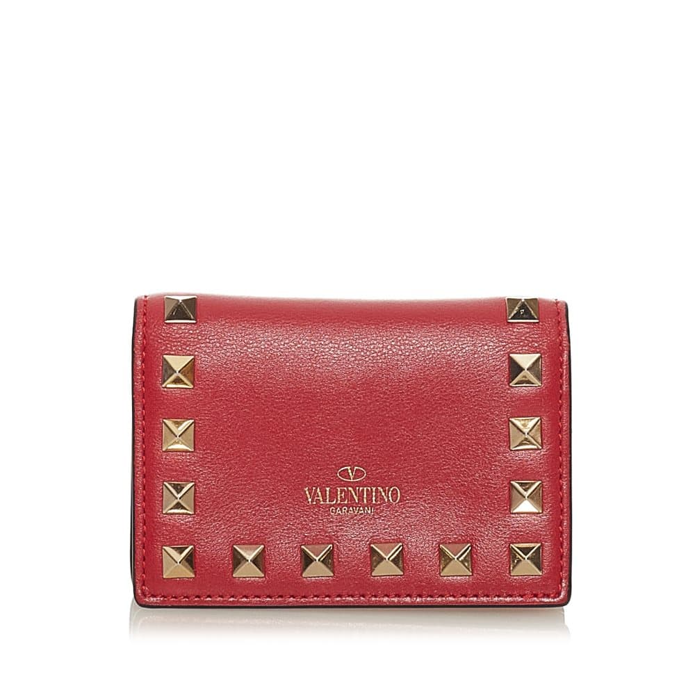 Pre-owned Valentino Rockstud Leather Card Holder Red