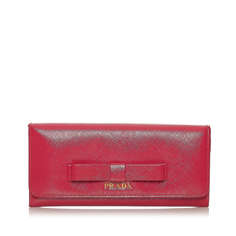 Pre-owned Prada Saffiano Vernice Fiocco Bow Wallet Red