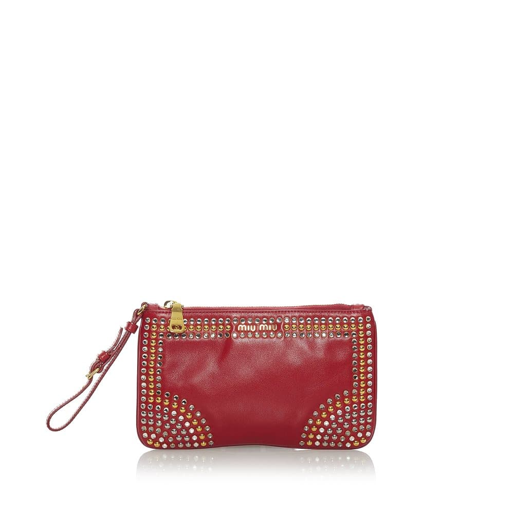 Pre-owned Miu Miu Studded Leather Pouch Red