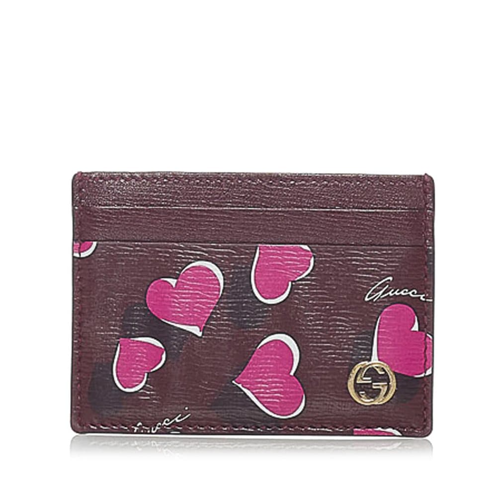 Pre-owned Gucci Heartbeat Print Leather Card Holder Red