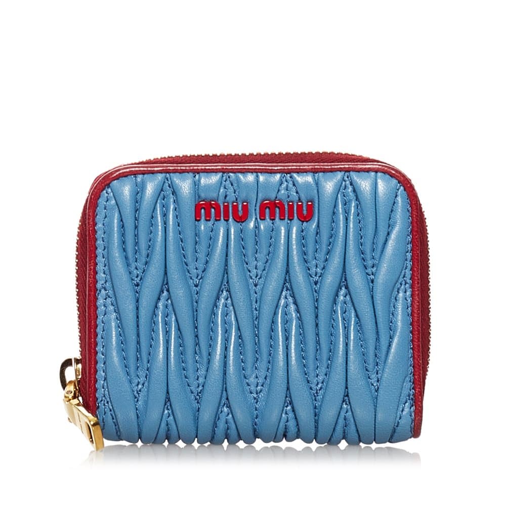 Pre-owned Miu Miu Matelasse Zip Around Leather Coin Pouch Blue