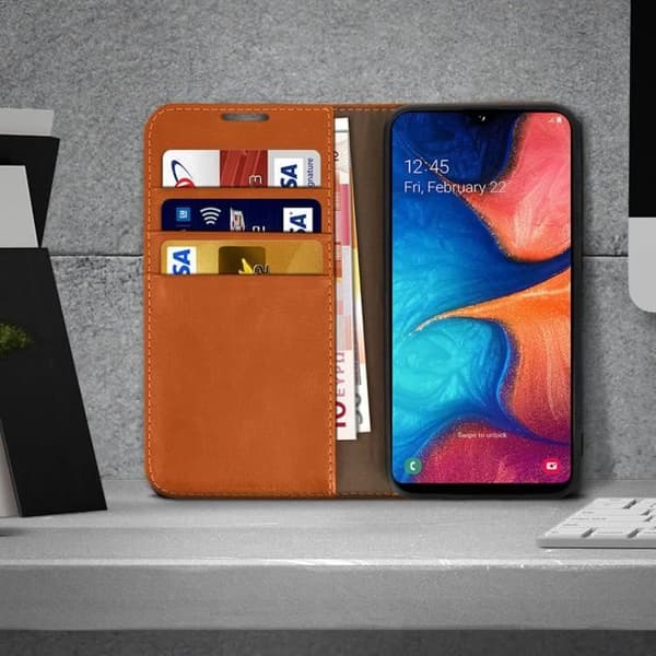 Folio-fodral - Äkta läder - Samsung Galaxy A20e - Kortfack - Videostöd - Mjuk