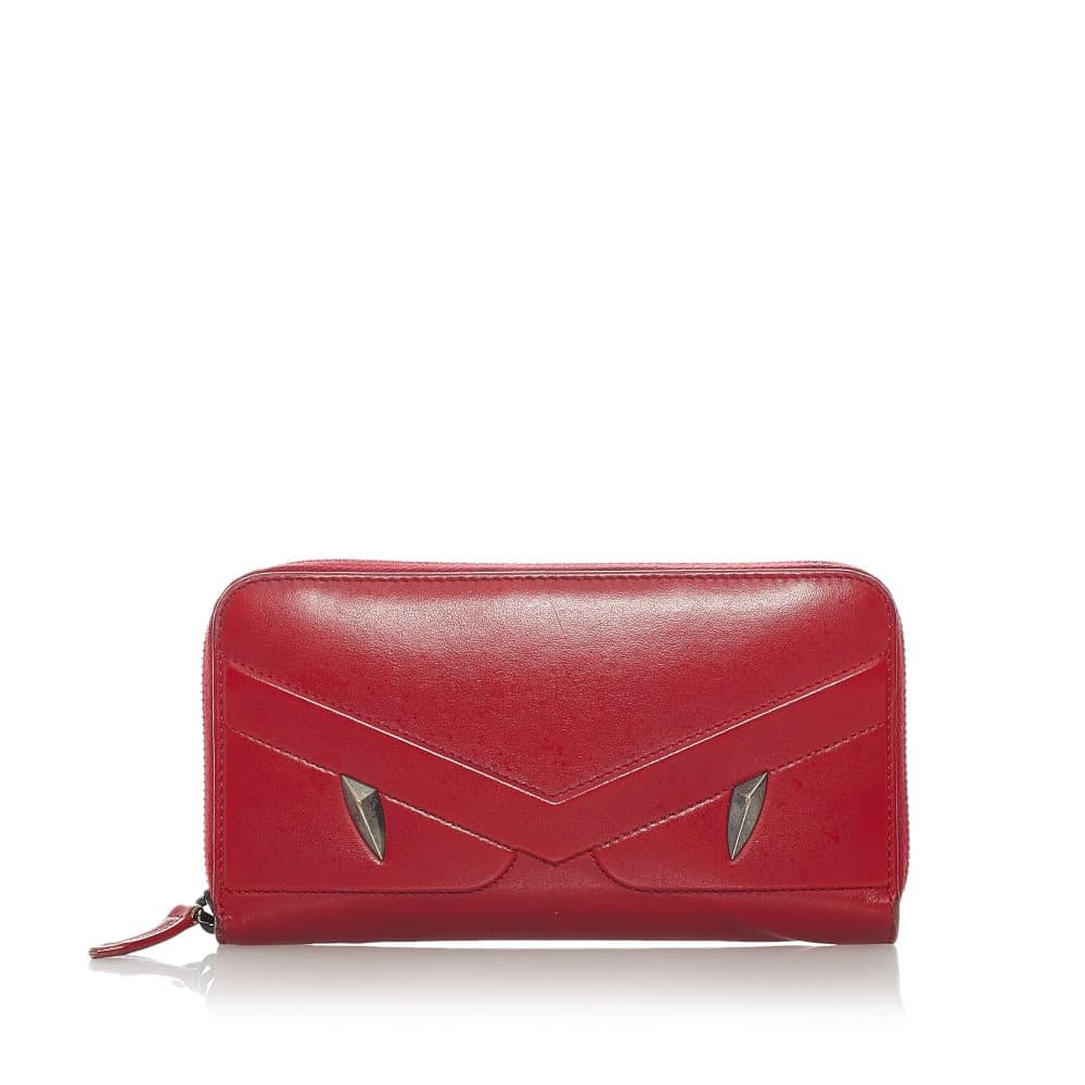 Pre-owned Fendi Monster Leather Zip Wallet Red