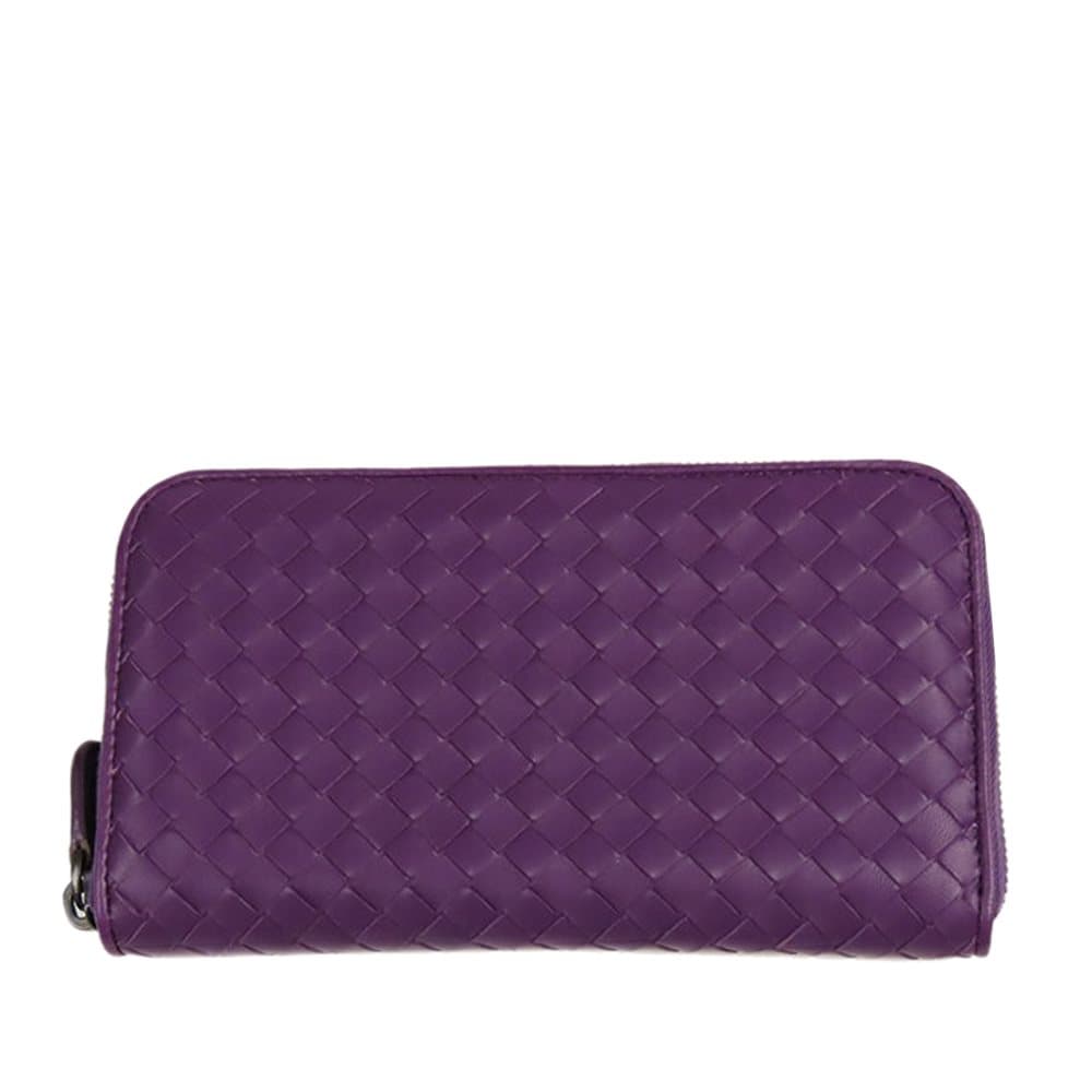 Pre-owned Bottega Veneta Intrecciato Leather Zip Around Wallet Purple