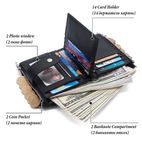 Tri-fold RFID pung med 2 møntlommer