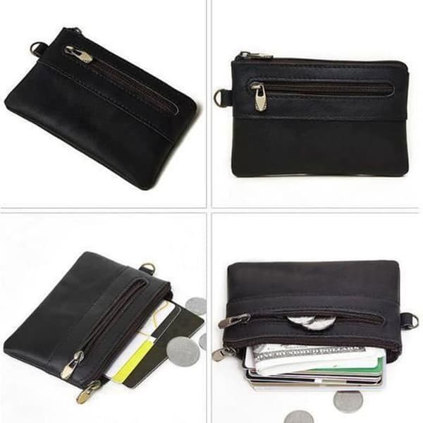 Retro zippered läderplånbok för män - YIKXIULF - Svart - Läder - 2 zip-påsar - 1 nyckelring
