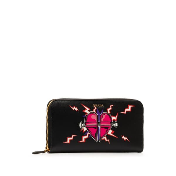 Pre-owned Prada x Universal Studios Saffiano Frakenstien Heart Long Wallet Black
