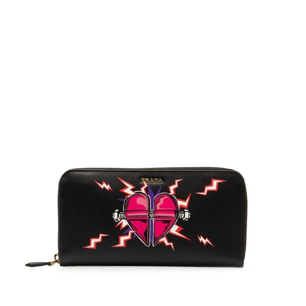 Pre-owned Prada x Universal Studios Saffiano Frakenstien Heart Long Wallet Black