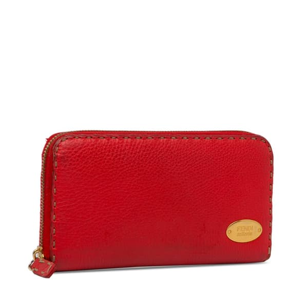 Pre-owned Fendi Leather Selleria Zip Around Long Wallet Red